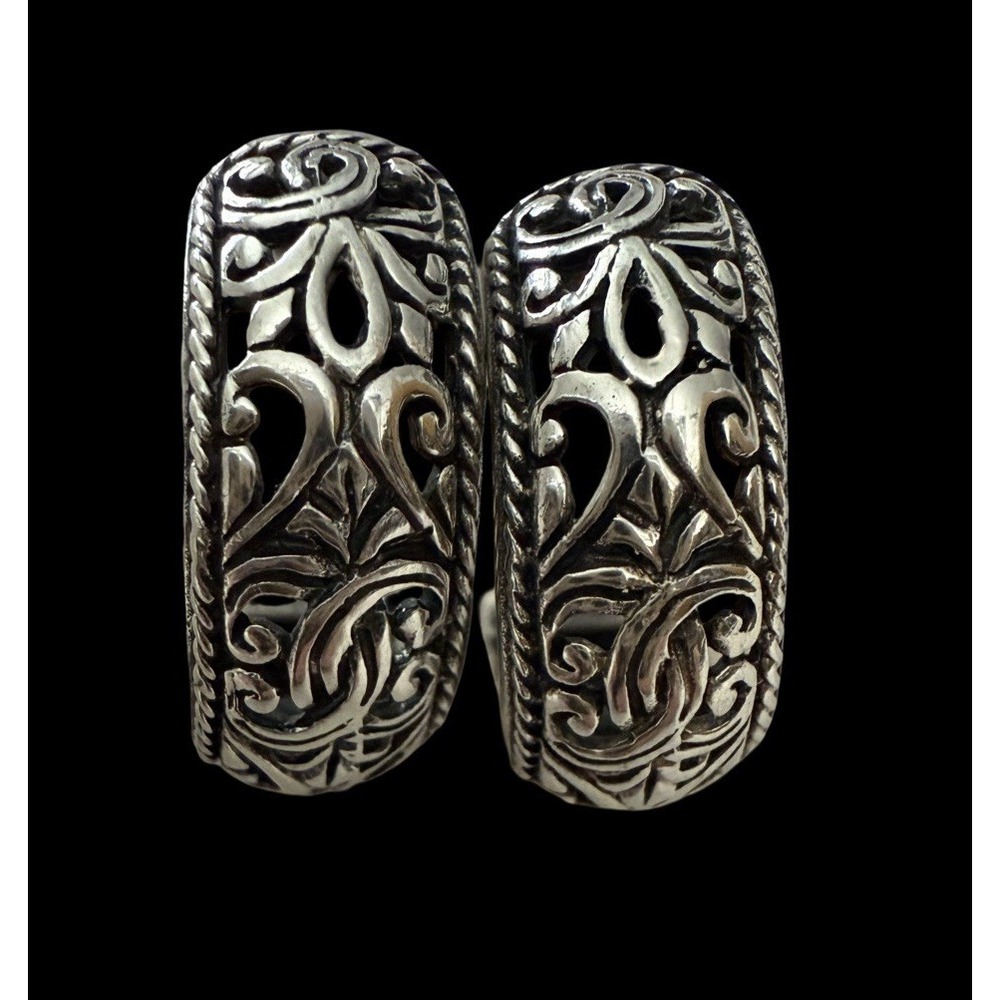 925 Sterling Silver Balinese Hanging Garden Hoop Earrings Ornate Filigree Design
